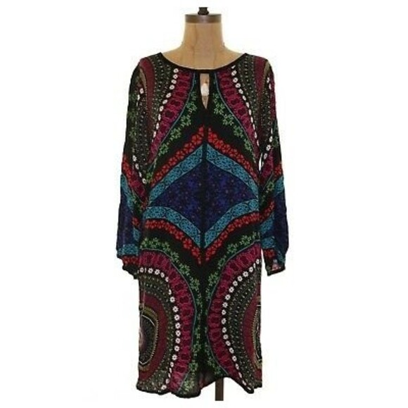 Ella Moss Aurora Shift Mini Dress Size S 3/4 Sleeve Printed Black Multi EUC B85 - Picture 3 of 6